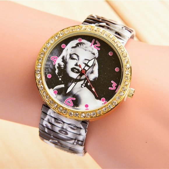 Rhinestone Marilyn Monroe Print Elastic Watch NWT - Picture 4 of 8